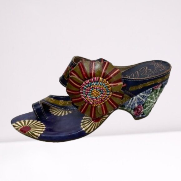 Elite By Corkys Artsy Purple Leather Flower Slide Wedge Sandals Size 38/US 8 - Picture 1 of 9